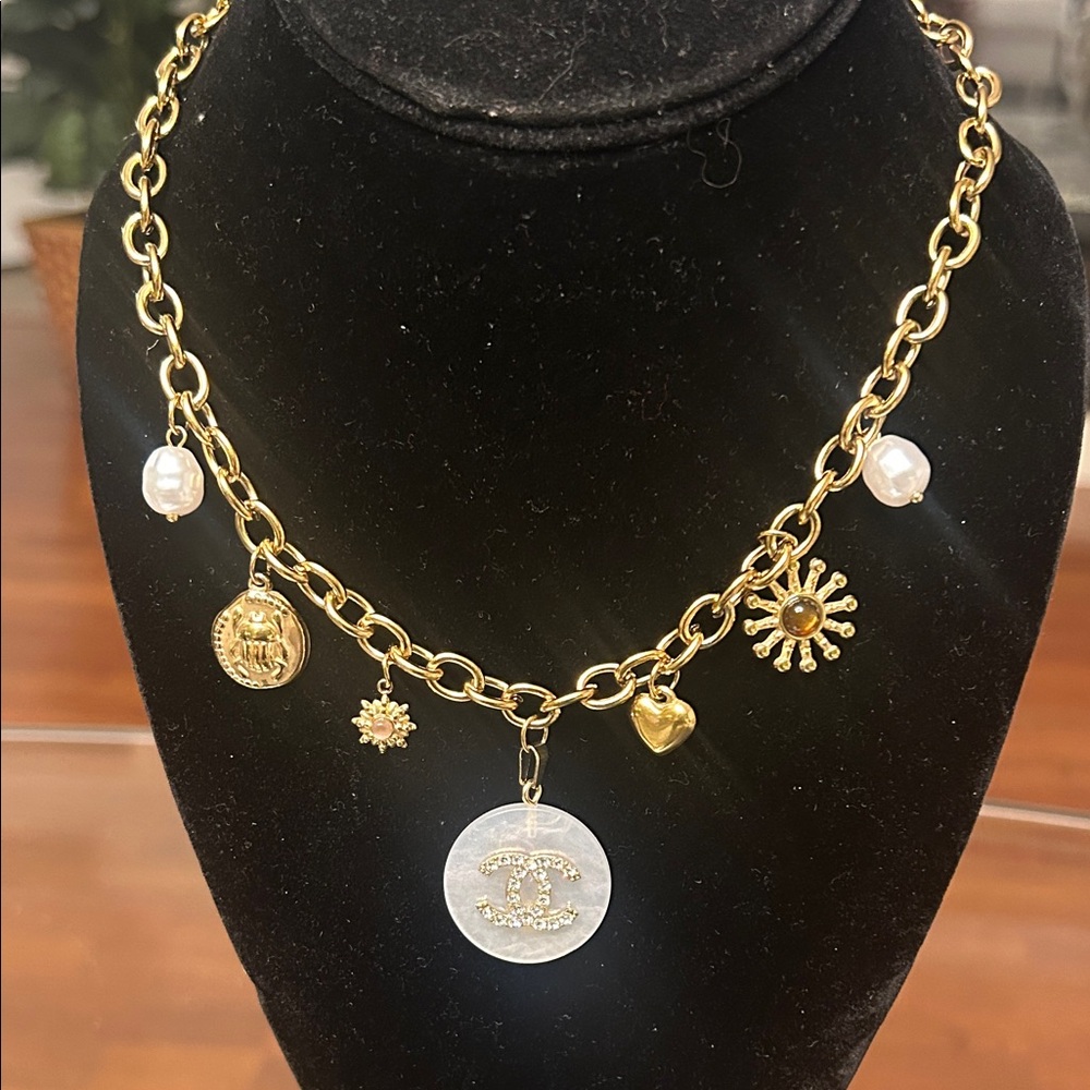 Gold Toned Chanel Charm Necklace with Mother-of-Pearl Coin Charm - Picture 3 of 6